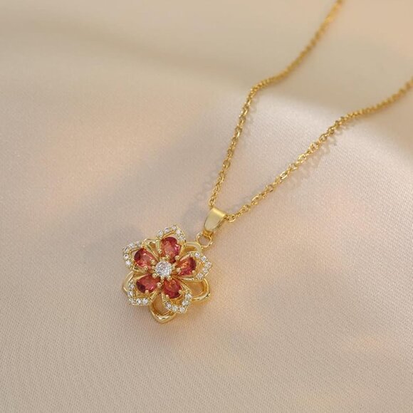 Women Gold Flower Fidget Red Set Necklace Rotatable Crystal Blossom Pendant - Picture 4 of 7